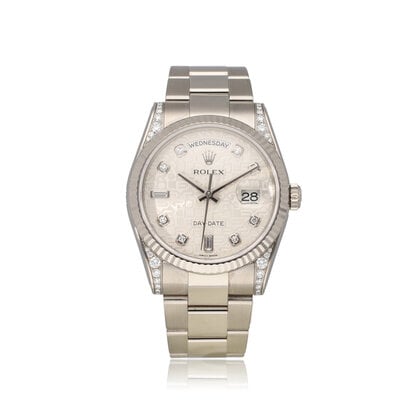 Day-Date  NEW ROLEX SERVICE | white gold factory diamond silver Jubilee - Oyster + box