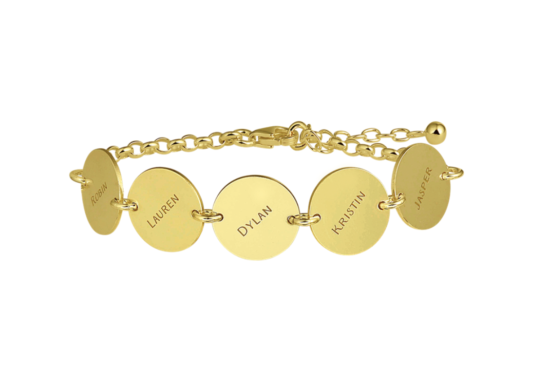 bizon Desillusie Nuchter Gouden naam armband met vijf rondjes - Juwelier Marleen Peters Deventer