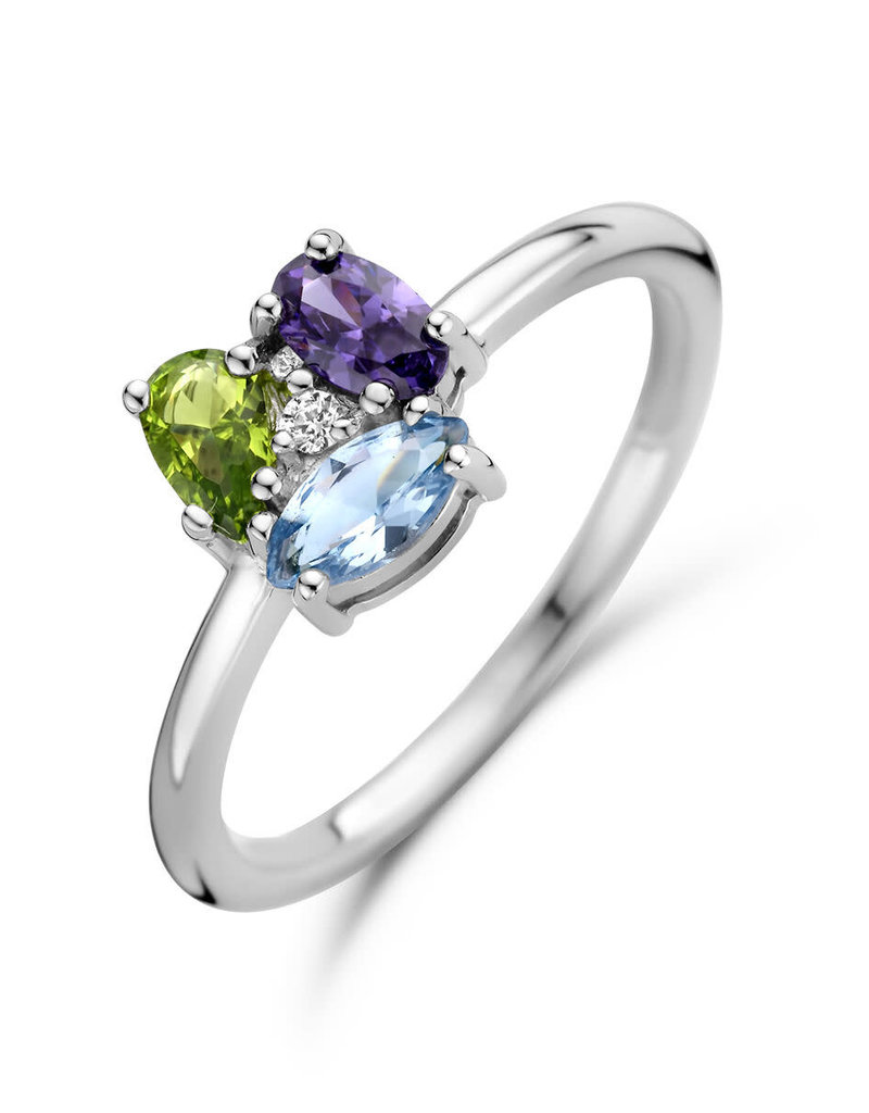 Zilveren ring - Gerhodineerd - Zirkonia, Zirkonia Amethist, synthetisch Blauw Spinel en synthetisch Peridot