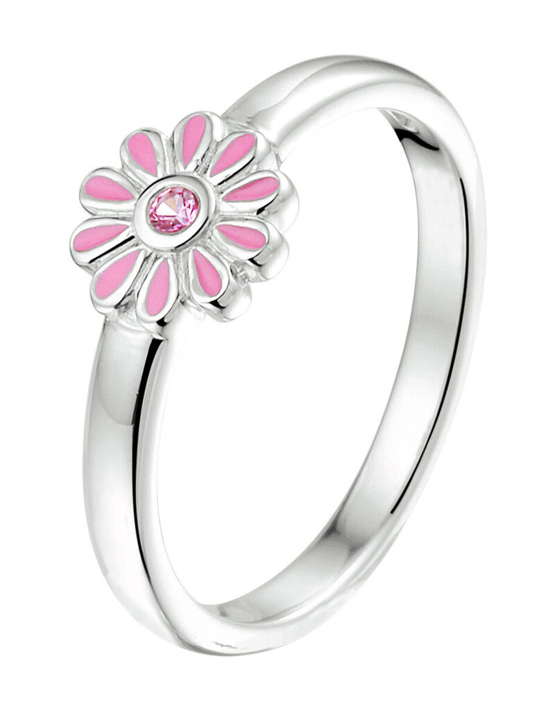 Zilveren kinderring - Gerhodineerd - Roze bloemetje - Emaille - Zirkonia - Maat 14.5