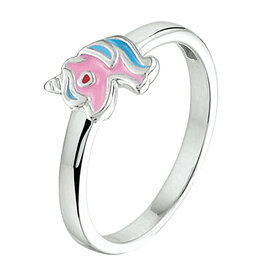 Zilveren kinderring - Gerhodineerd - Eenhoorn - Emaille - Blauw/roze - Maat 14