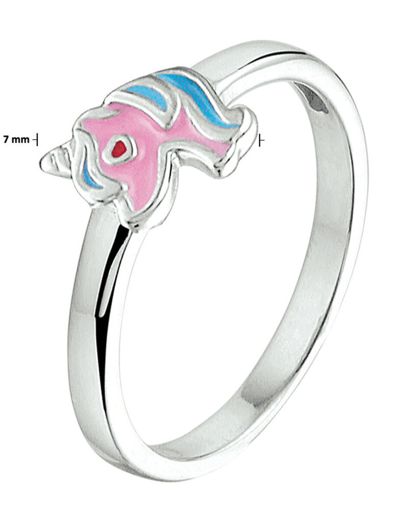 Zilveren kinderring - Gerhodineerd - Eenhoorn - Emaille - Blauw/roze - Maat 14