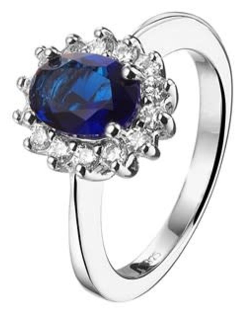 Zilveren ring - Gerhodineerd - Synthetisch blauw Saffier - Zirkonia - Maat 17.75