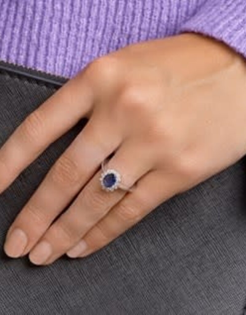 Zilveren ring - Gerhodineerd - Synthetisch blauw Saffier - Zirkonia - Maat 17.75