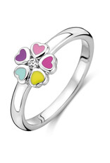 Zilveren kinderring - Gerhodineerd - Emaille en zirkonia - Bloem - Maat 15.5