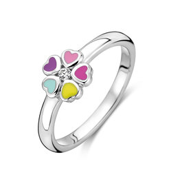 Zilveren kinderring - Gerhodineerd - Emaille en zirkonia - Bloem - Maat 15.5