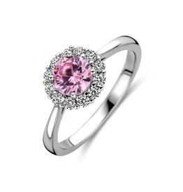 Zilveren ring - Gerhodineerd - Entourage - Zirkonia - Roze - Maat 17.75