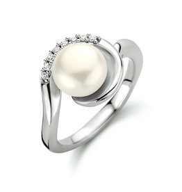 Zilveren ring - Gerhodineerd - Zirkonia - Zoetwaterparel - Maat 18.5