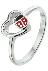 Zilveren kinderring - Gerhodineerd - Lieveheersbeestje hartje - Emaille - Maat 13.5