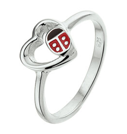 Zilveren kinderring - Gerhodineerd - Lieveheersbeestje hartje - Emaille - Maat 13.5