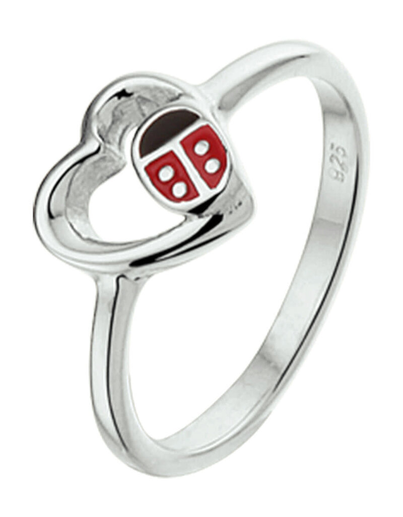 Zilveren kinderring - Gerhodineerd - Lieveheersbeestje hartje - Emaille - Maat 13.5