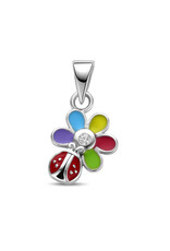 Zilveren hanger- Gerhodineerd - Emaille/Zirkonia - Bloemmetje met lieveheersbeestje
