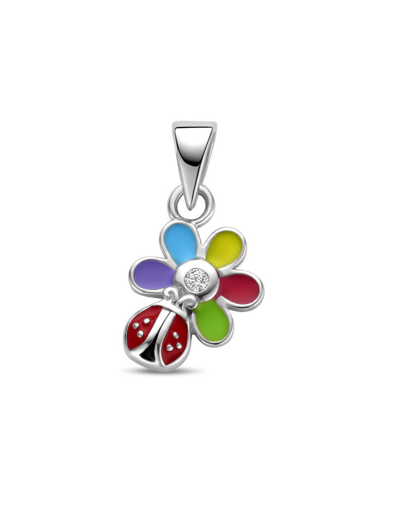 Zilveren hanger- Gerhodineerd - Emaille/Zirkonia - Bloemmetje met lieveheersbeestje