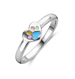 Zilveren kinderring - Gerhodineerd - Emaille - Hartje met hondenpootje - Maat 14 (44)