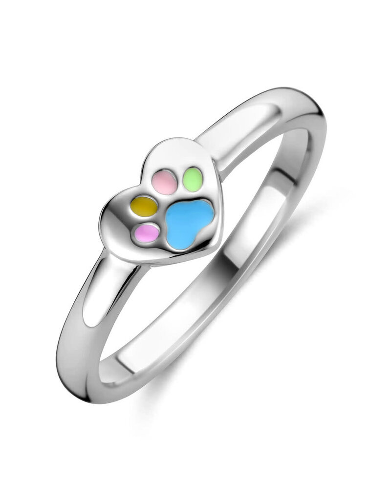 Zilveren kinderring - Gerhodineerd - Emaille - Hartje met hondenpootje - Maat 14 (44)