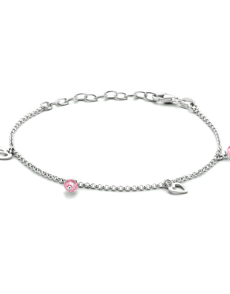 Zilveren enkelbandje - Gerhodineerd - Hartjes - Roze balletjes - 18 + 4 cm