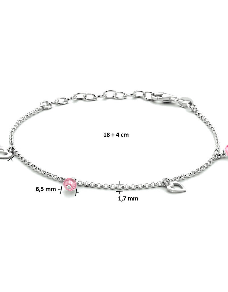 Zilveren enkelbandje - Gerhodineerd - Hartjes - Roze balletjes - 18 + 4 cm