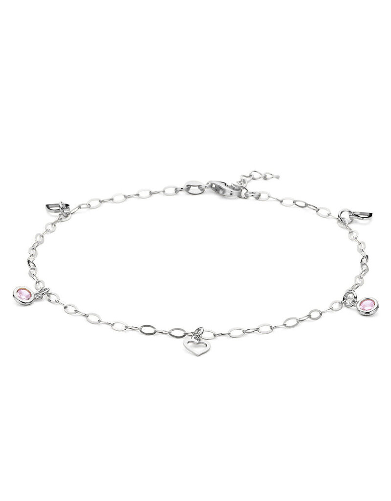 Zilveren enkelbandje - Gerhodineerd - Hartjes - Roze zirkonia- 24 + 2 cm
