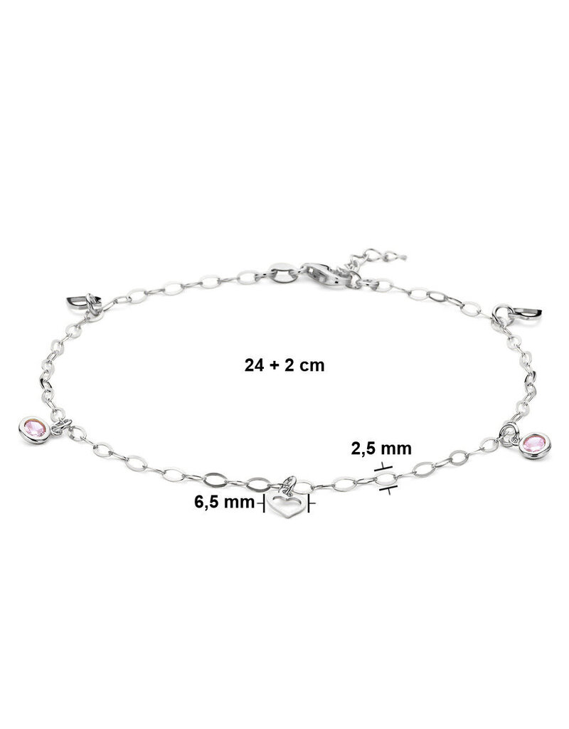 Zilveren enkelbandje - Gerhodineerd - Hartjes - Roze zirkonia- 24 + 2 cm