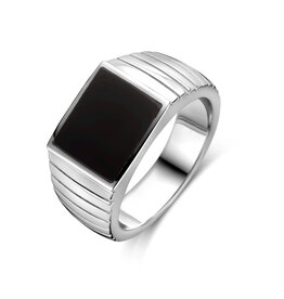 Zilveren zegelring - Gerhodineerd - Onyx - Maat 21