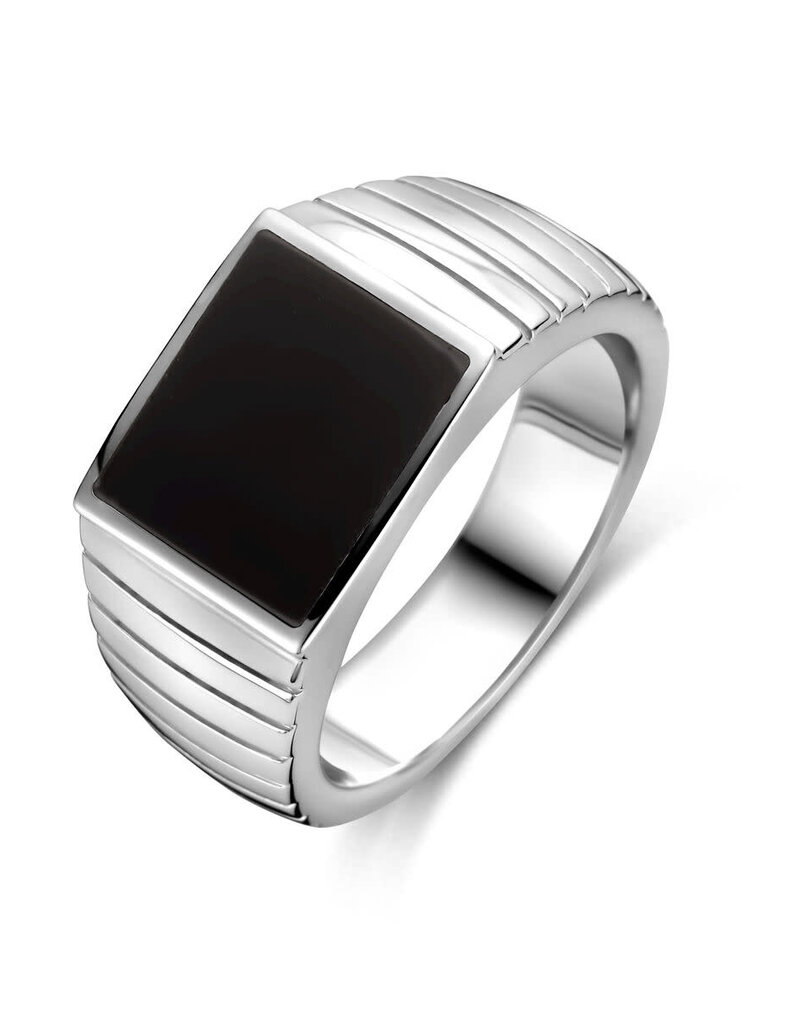 Zilveren zegelring - Gerhodineerd - Onyx - Maat 21