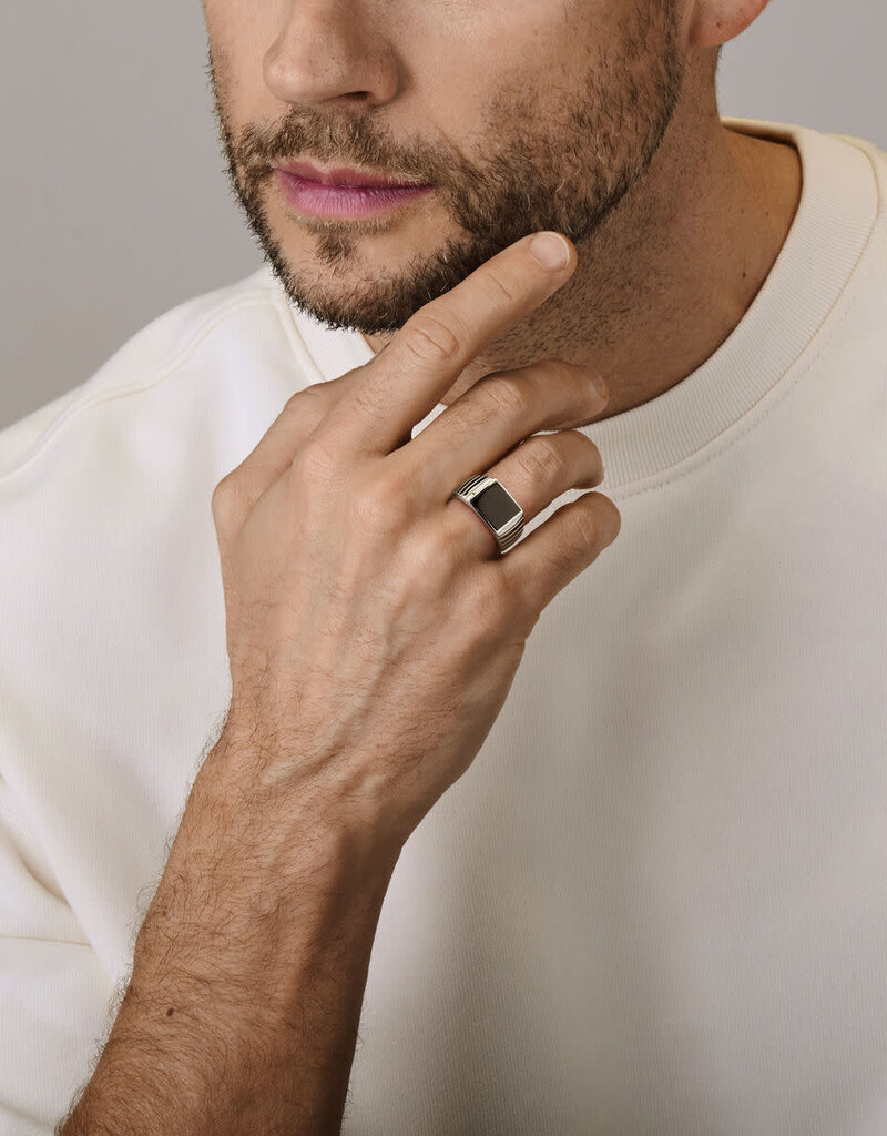 Zilveren zegelring - Gerhodineerd - Onyx - Maat 21