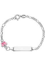 Zilveren graveerarmband - Gerhodineerd - Figaro - donker roze vlinder - 14 cm