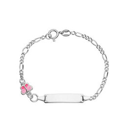 Zilveren graveerarmband - Gerhodineerd - Figaro - donker roze vlinder - 14 cm