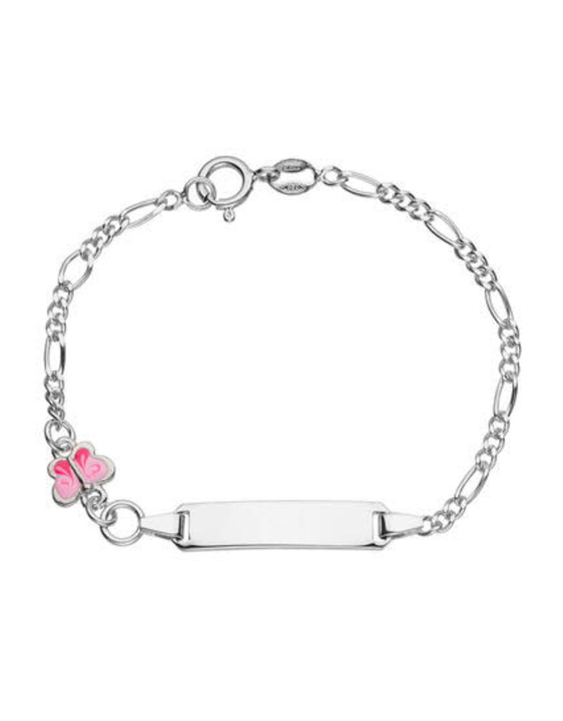 Zilveren graveerarmband - Gerhodineerd - Figaro - donker roze vlinder - 14 cm
