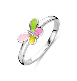 Zilveren kinderring - Gerhodineerd - Vlinder - Emaille/Zirkonia - Maat 14.5