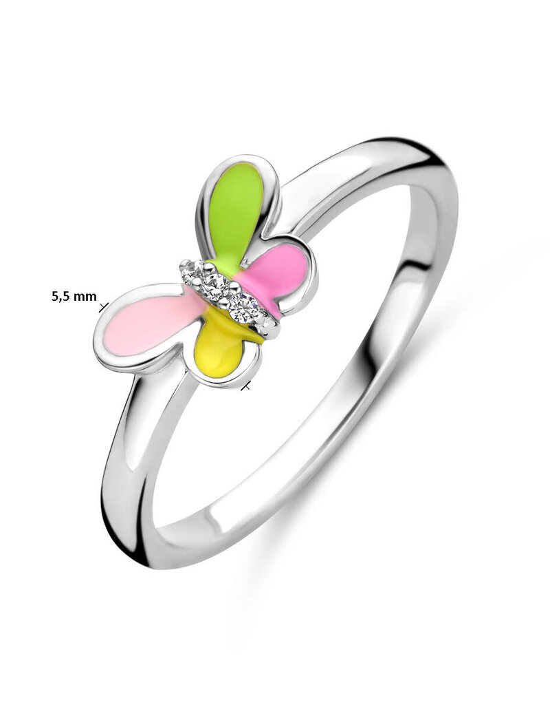Zilveren kinderring - Gerhodineerd - Vlinder - Emaille/Zirkonia - Maat 14.5