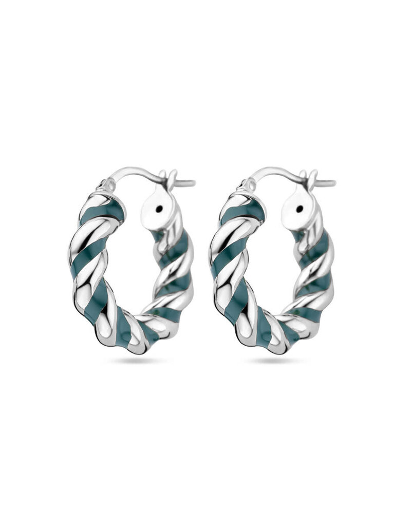 Zilveren  oorringen - Gerhodineerd -  Gedraaid - Donkergroen Emaille