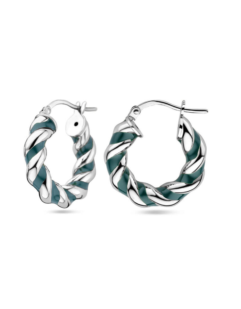 Zilveren  oorringen - Gerhodineerd -  Gedraaid - Donkergroen Emaille