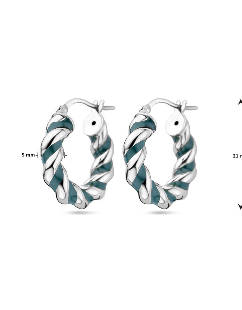 Zilveren  oorringen - Gerhodineerd -  Gedraaid - Donkergroen Emaille