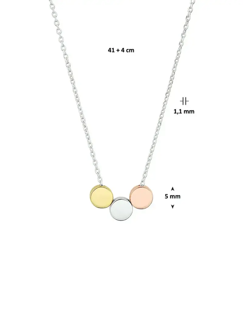 Zilveren collier - Gerhodineerd -  Tricolor vergulde rondjes - 41/45 cm