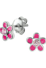 Zilveren oorknoppen - Gerhodineerd - Bloemetje - Emaille roze