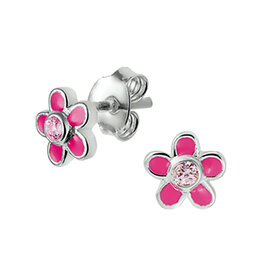 Zilveren oorknoppen - Gerhodineerd - Bloemetje - Emaille roze