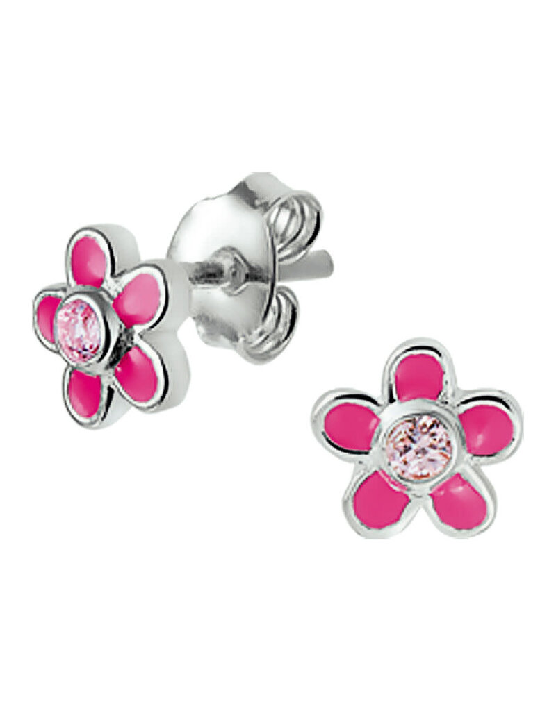 Zilveren oorknoppen - Gerhodineerd - Bloemetje - Emaille roze