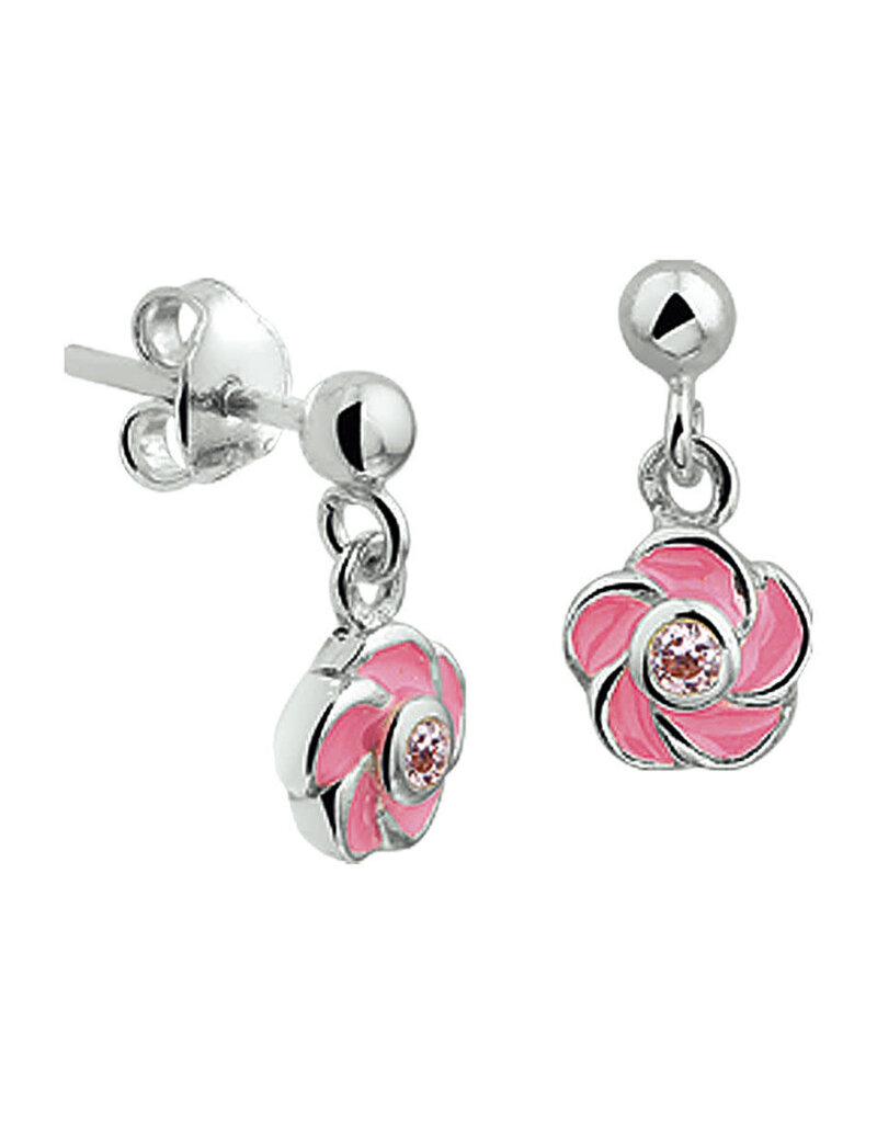 Zilveren oorknoppen - Gerhodineerd - Zirkonia / Emaille - Roze bloem