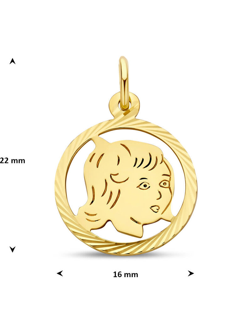 Gouden kinderkopje - Meisje in rand - Gediamanteerd - 16 mm