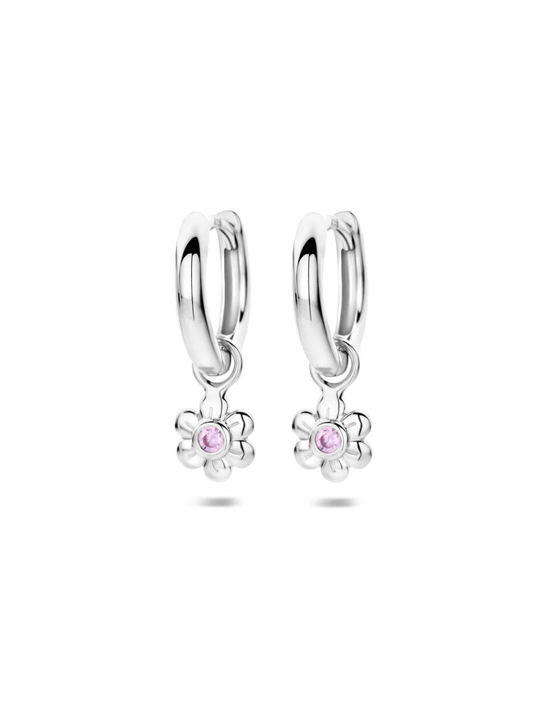 Zilveren oorringen - Gerhodineerd - Bloemetje - Roze zirkonia