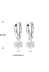Zilveren oorringen - Gerhodineerd - Bloemetje - Roze zirkonia