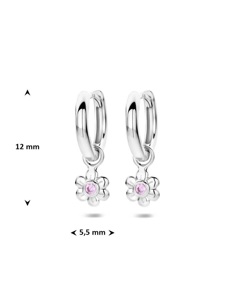 Zilveren oorringen - Gerhodineerd - Bloemetje - Roze zirkonia