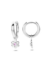 Zilveren oorringen - Gerhodineerd - Bloemetje - Roze zirkonia