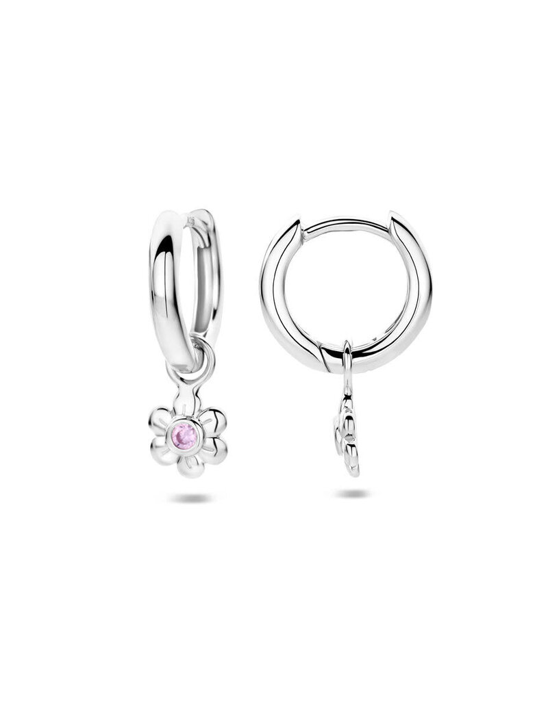 Zilveren oorringen - Gerhodineerd - Bloemetje - Roze zirkonia