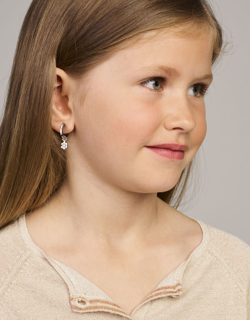 Zilveren oorringen - Gerhodineerd - Bloemetje - Roze zirkonia