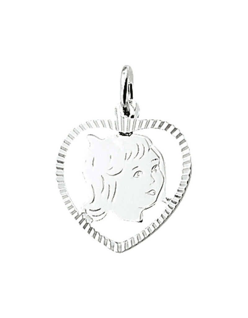 Zilveren kinderkopje - Meisje in rand - Hartje - Gediamanteerd 16,5 x 16 mm