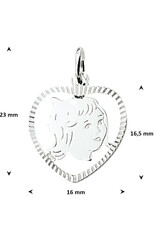 Zilveren kinderkopje - Meisje in rand - Hartje - Gediamanteerd 16,5 x 16 mm