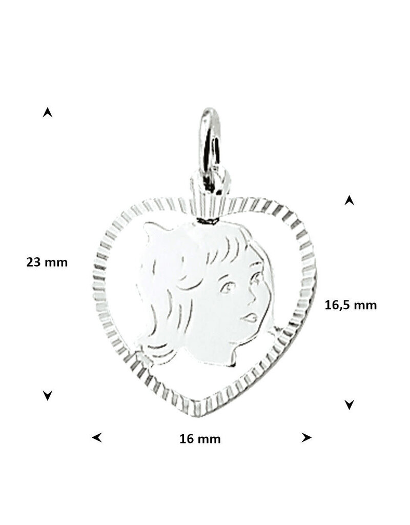 Zilveren kinderkopje - Meisje in rand - Hartje - Gediamanteerd 16,5 x 16 mm