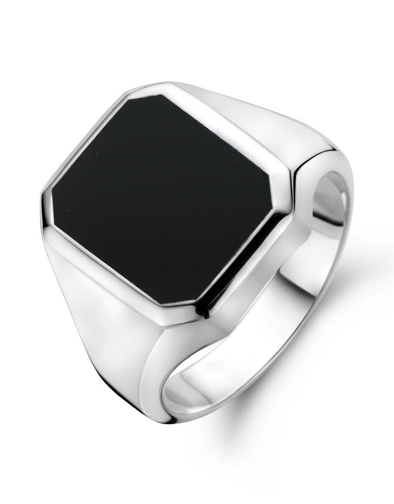 Zilveren zegelring - Gerhodineerd - Onyx - Maat 21